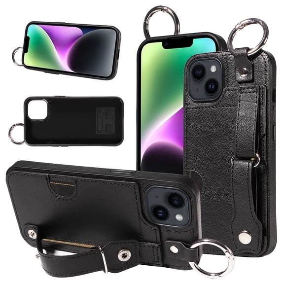 SaniMore Case for iPhone 13, PU Leather Durable [Back Card Slots] Wristlet Kickstand Buckle Protective Bumper Cover Shockproof Anti-fall/Anti-scratch for Ladies, Black
