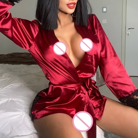 

Hunpta Sexy Pajamas For Women V Neck Nightwear Satin Sleepwear Lace Sexy Patchwork Lace Backless Nightdress Lace Robes