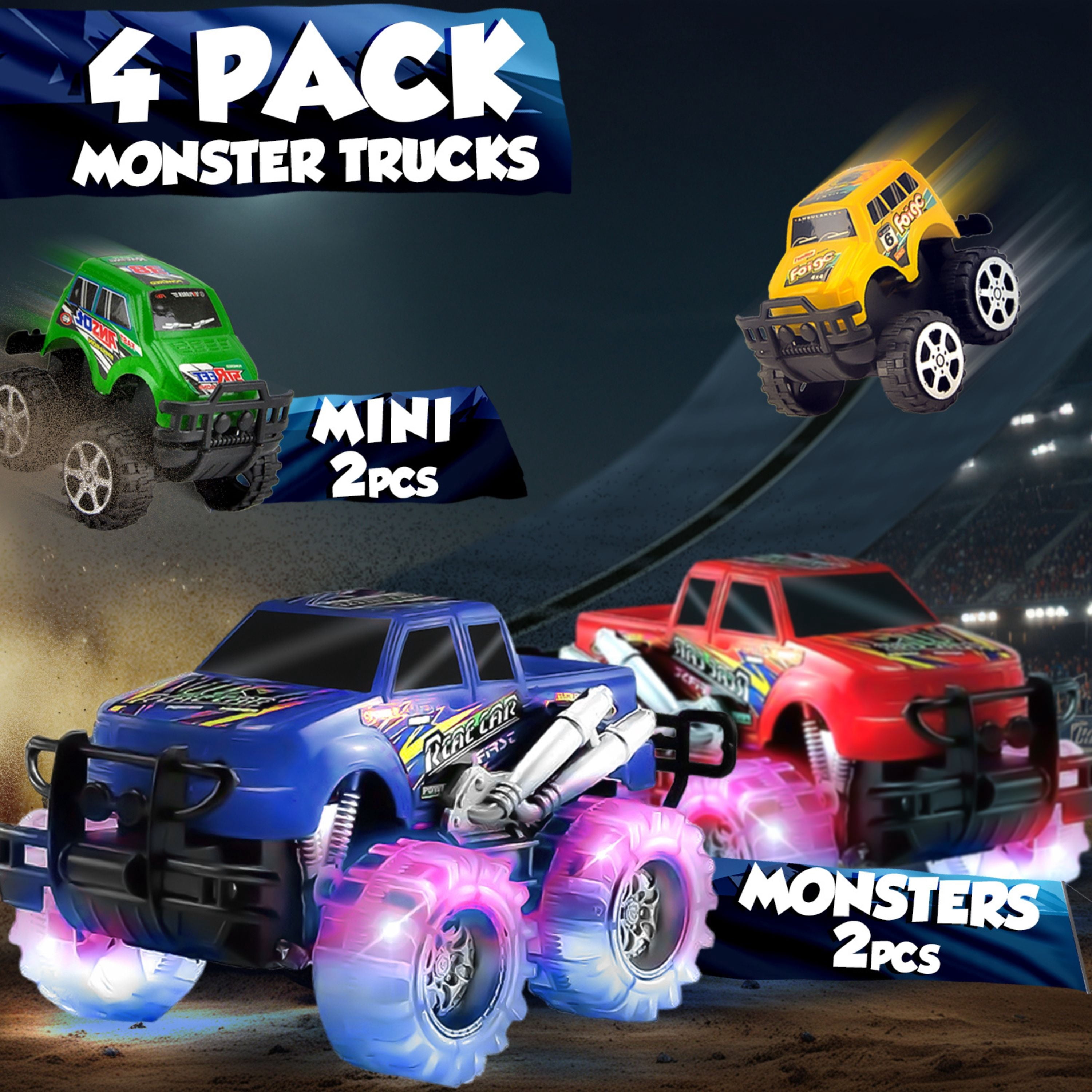 JoyX 4 Pack Light Up Monster Truck Car Toy with LED Tires