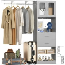 iSunirm 5FT Walk-in Closet System with Drawers & Doors, 60'' Wooden Wardrobe Closet with Hanging Rod, Heavy Duty Closet Organizer Garment Rack for Bedroom/Closet, 60"L x 80"H x 15"W, Gray