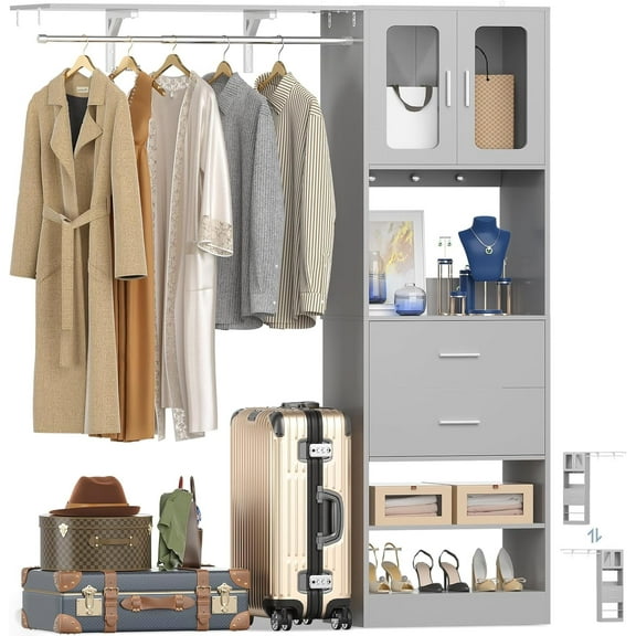 iSunirm 5FT Walk-in Closet System with Drawers & Doors, 60'' Wooden Wardrobe Closet with Hanging Rod, Heavy Duty Closet Organizer Garment Rack for Bedroom/Closet, 60"L x 80"H x 15"W, Gray