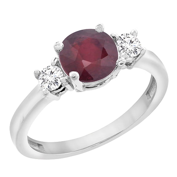 14K White Gold Diamond Enhanced Genuine Ruby Engagement Ring Round 7mm, size 5