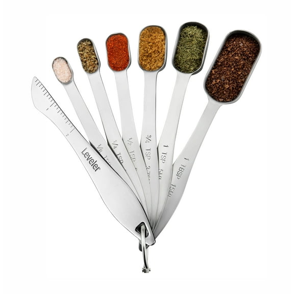 Spring Chef Heavy Duty Stainless Steel Metal Measuring Spoons for Dry or Liquid, Fits in Spice Jar, Set of 6 with bonus Leveler