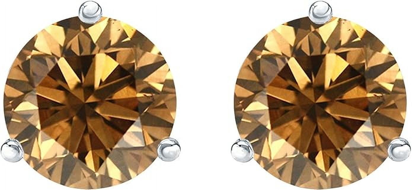 Divine Creation 2 Ct Round Cut Brown Diamond 3 Prong Push Back Womens Stud Earring 14K White Gold Plated 925 Sterling Silver
