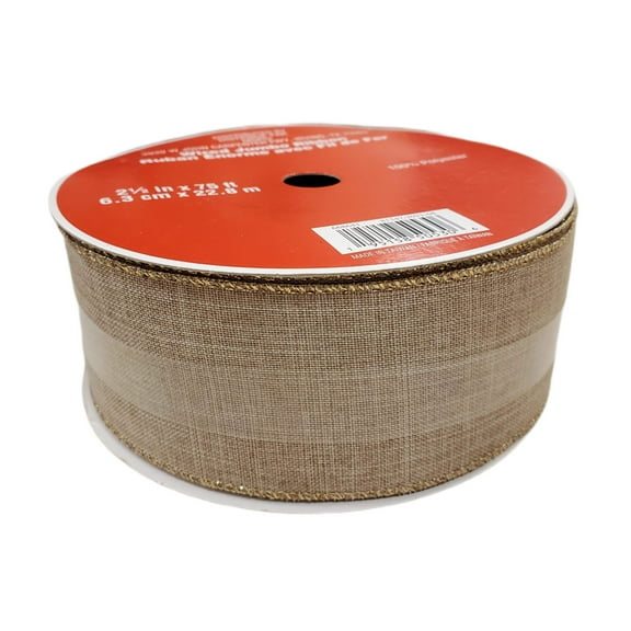 Celebrate it WIRED Christmas Ribbon TAN 2.5 in X 75 ft GOLD TRIM