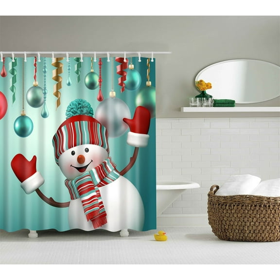 EUBUY Christmas Shower Curtain Waterproof Polyester Snowman Shower Curtain with 12pcs Hooks Bathroom Green 70.86"x70.86"