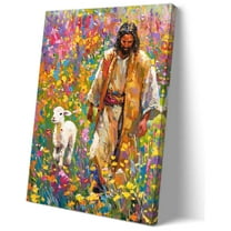 Jesus and Lamb Canvas Wall Art Jesus Walking Through Flowers Poster Prints Painting Artwork Canvas Pictures Print Kitchen Modern Farmhouse Decor