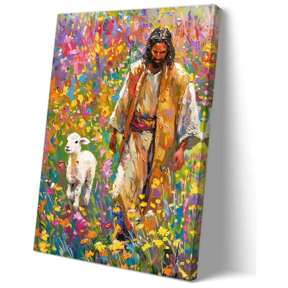 Jesus and Lamb Canvas Wall Art Jesus Walking Through Flowers Poster Prints Painting Artwork Canvas Pictures Print Kitchen Modern Farmhouse Decor