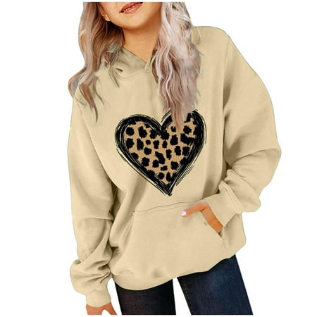 Bnwani Hoodies for Big Girls Crew Neck Long Sleeve Pockets Sports Sweatshirt Hearts Graphic Printed Tops Pullover