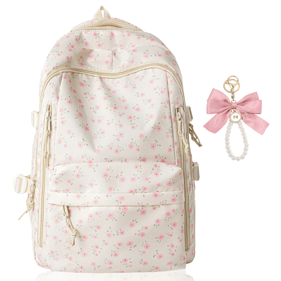 Light Pink Floral-Themed Backpack with Removable Bow Charm - Cute and Practical Everyday Shoulder Bag