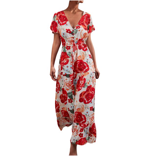 Falda de vestido con botones de encaje de manga corta con cuello en V informal para mujer a la moda Pompotops qwe13264