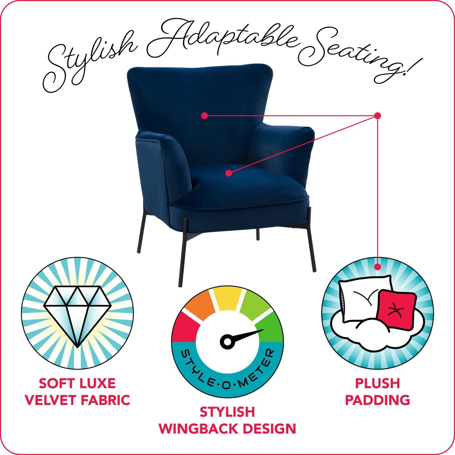 CorLiving Eliana Modern Wide Velvet Upholstered Indoor Wingback Accent Chair