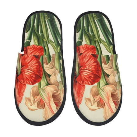 Balery Vibrant Amaryllis Flowers Slient Indoor Furry Fleece Comfort House Shoes Soft Non-Slip Home Shoes Cotton slippers House Slippers-- Large