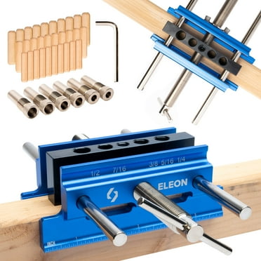 Eleon - Self Centering Dowel Jig with Elongated Jaws and Extra Wide Clamp - Precision Woodworking Made Effortless - Lasting Craftsmanship - Durable Aluminum Alloy Dowel Drill Guide - Blue