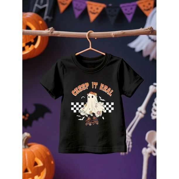 100% Pure Cotton T-Shirt for Girls Featuring a Cartoon Ghost on a Skateboard with The Fun Phrase 'CReeP iT ReaL', This Breathable and Versatile Short-Sleeve Round-Neck Shirt