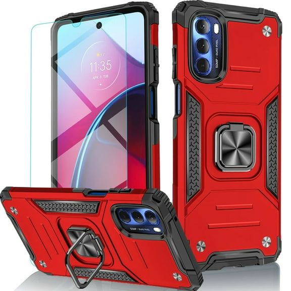 Circlemalls Case for Motorola Moto G Power 2021, Tempered Glass Screen Protector, Ring Stand Shockproof Cover-Red