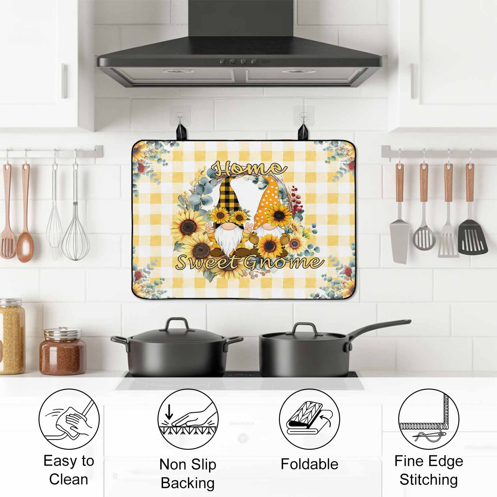 Sunflower Stove Top Cover for Electric Stove, Heat-proof & Non Slip Glass Top Stove Cover Protector, Gnomes Yellow Checkered Eucalyptus Leaves Kitchen Flat Cooktop Rubber Mat 31x24 Inches
