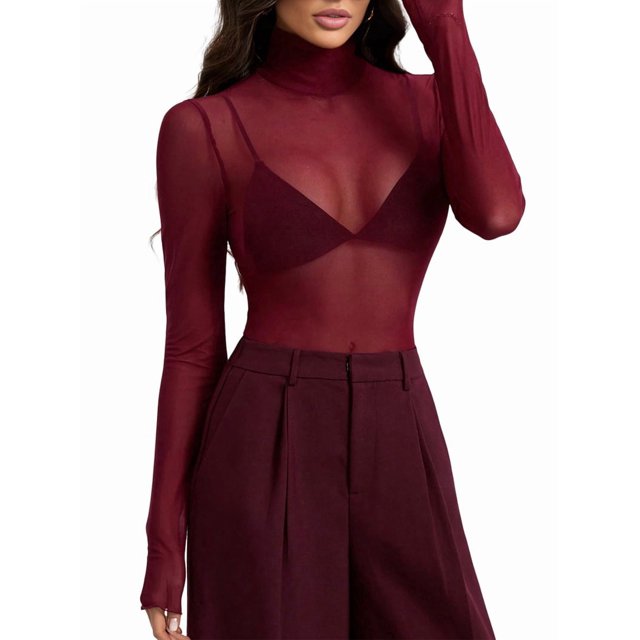 Top de Larga Ajustado de de Color Liso con Cuello Alto para Mujer, Camisa Transparente. Rojo Vino M