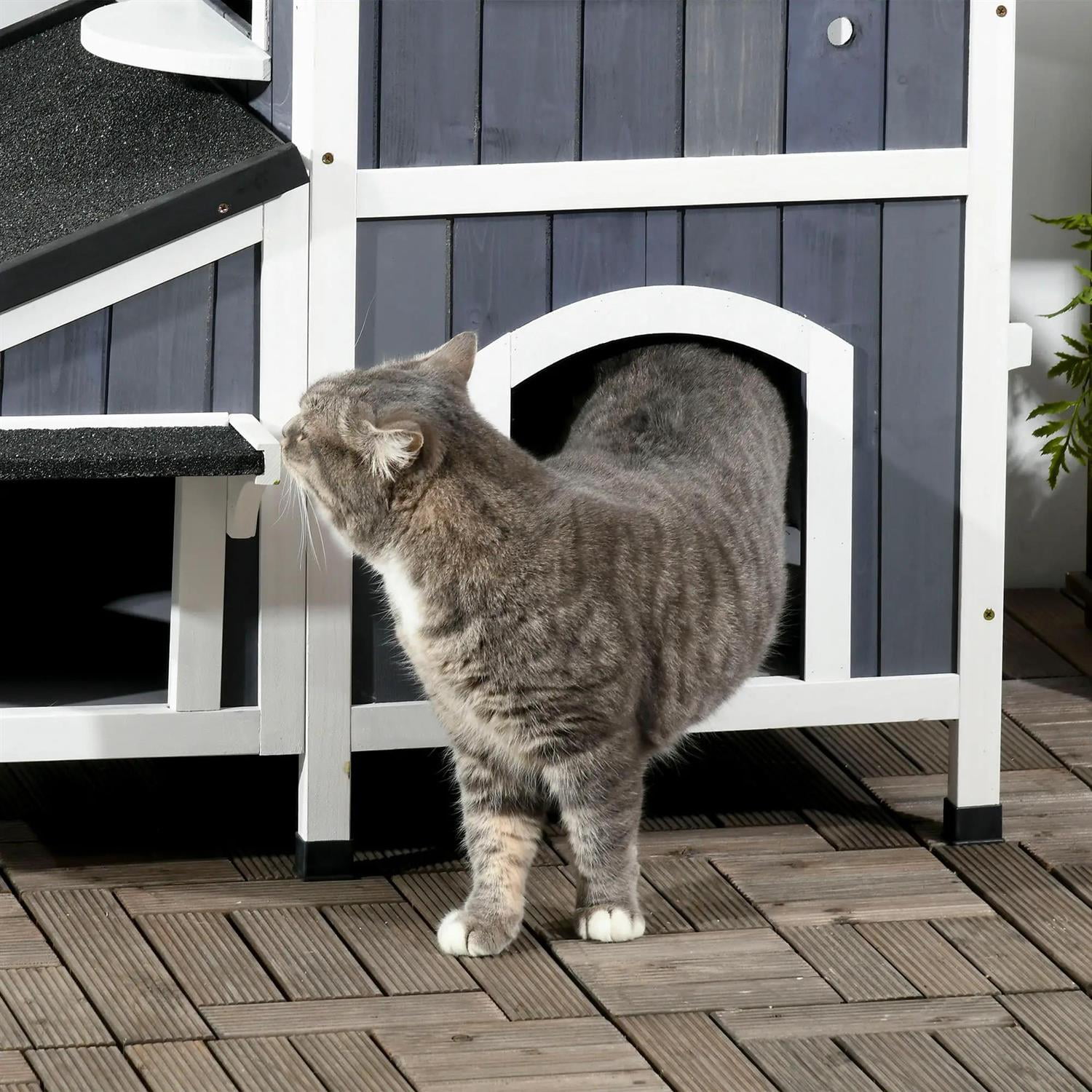 Pefilos 37" Outdoor Weatherproof Cat House with Garden Bed, Multiple Entrances, Wooden Feral Shelter for Cats and Small Animals, Gray