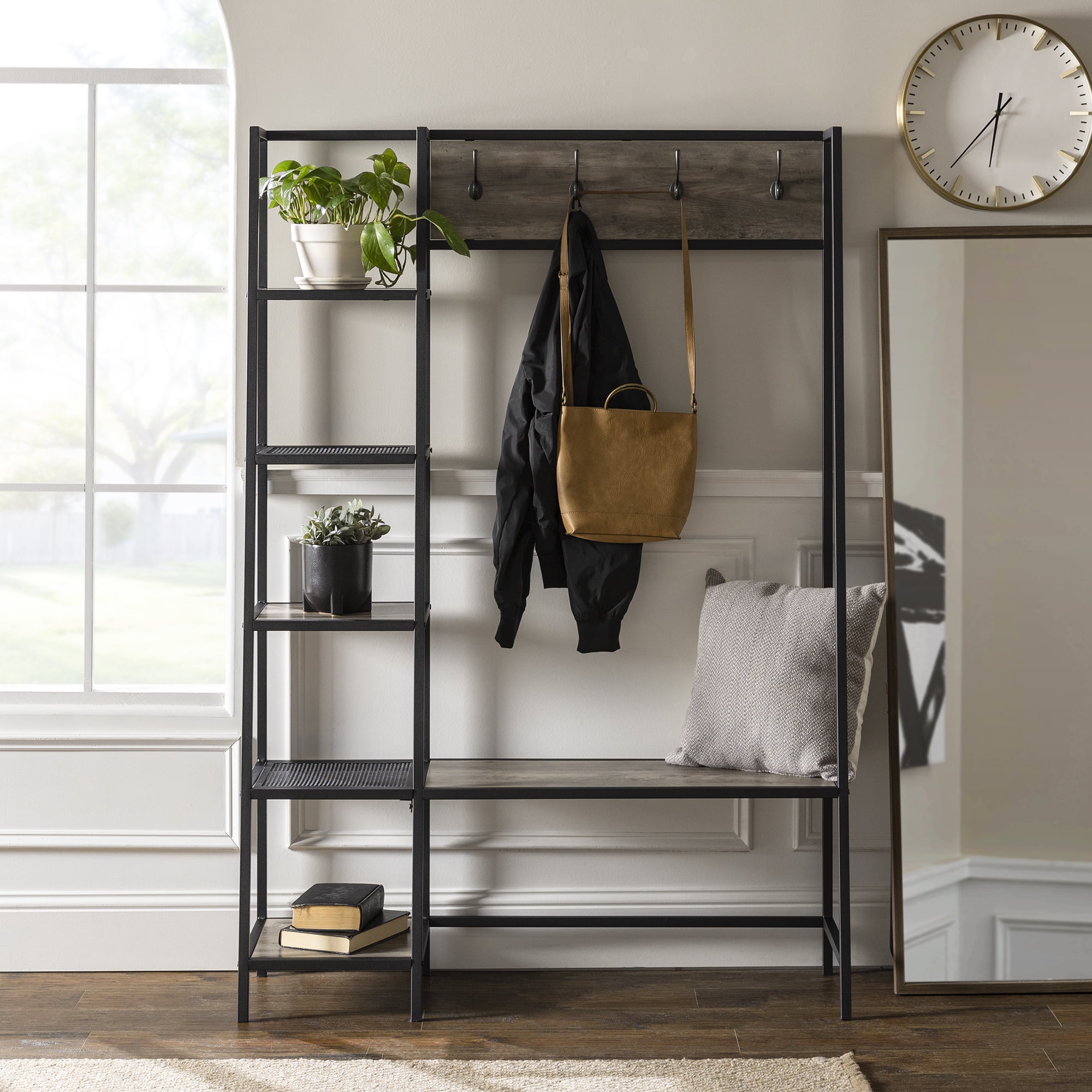 Woven Paths Modern Hall Tree with Bench and 5 Shelves, Grey Wash