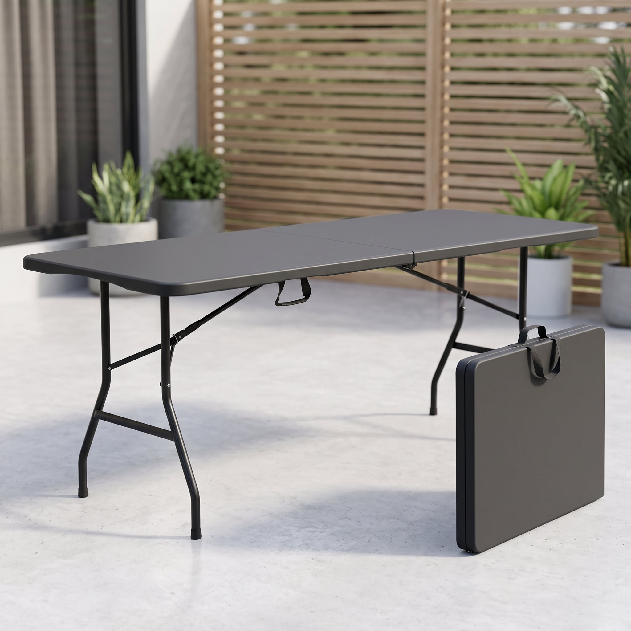 6 FT Fold-in-Half HDPE Folding Utility Table, Portable 4-6 Person Camping Table with Carry Handle, Locking Non-Slip Legs Supports 287 Lbs for Picnic BBQ Party Indoor Outdoor Black