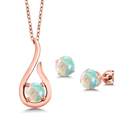 Cabochon Jewelry Set - 1.50 Ct Round Cabochon White Simulated Opal 18K Rose Gold Plated Silver Pendant Earrings Set With Chain