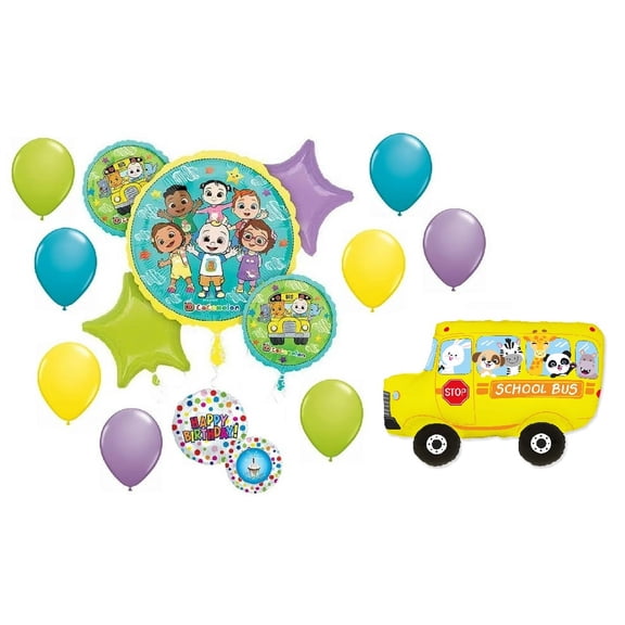 Cocomelon Birthday School Bus Party Supplies 15 Piece Foil and Latex Balloon Bouquet Decorations