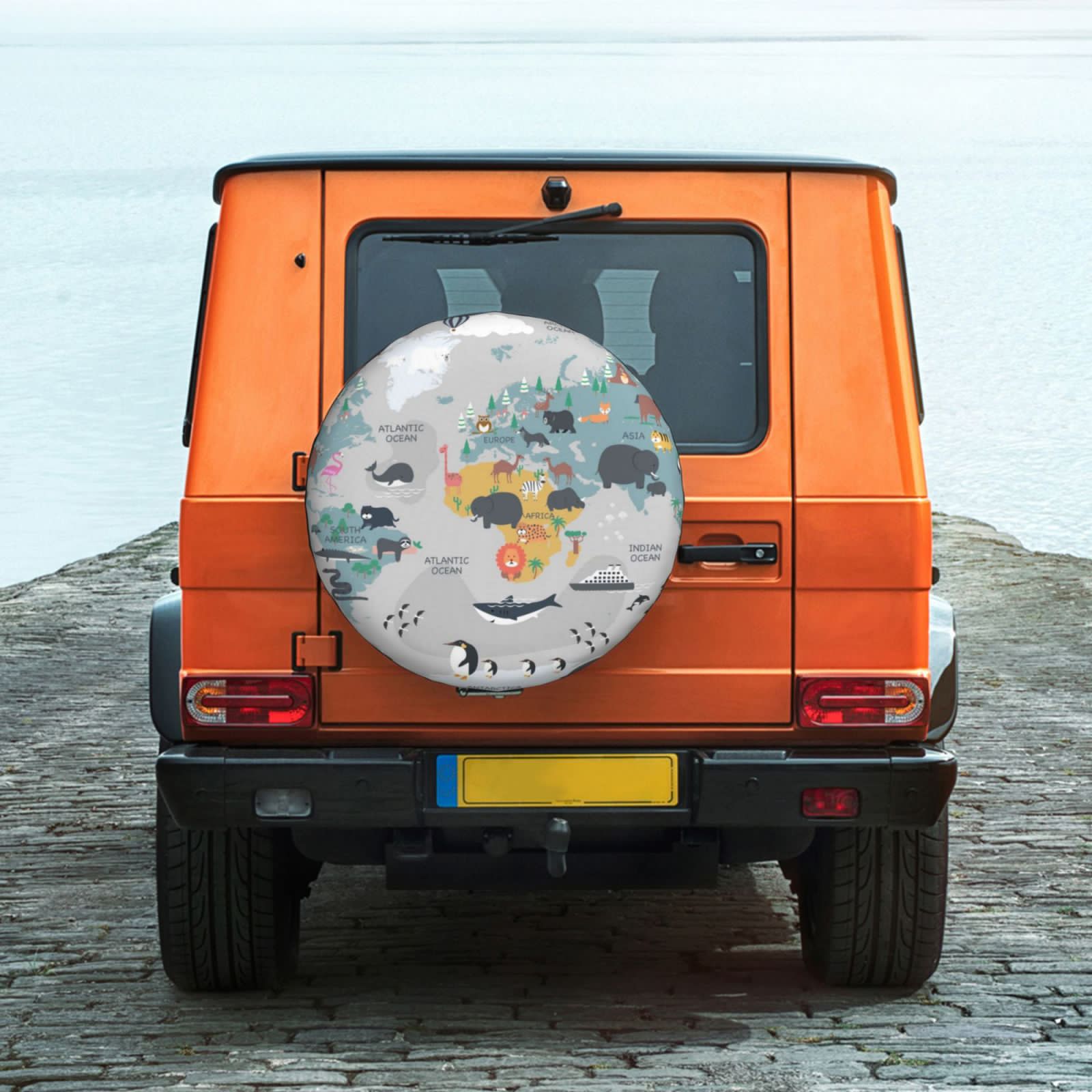 thumbnail image 2 of Fotbe The World Map with Cartoon Animals Spare Tire Cover Thickening Universal Fit for Jeep, Trailer, RV, SUV, Truck, Tough Tire Wheel Soft Cover-14 inch, 2 of 9