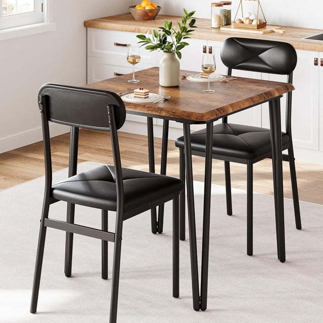 3-Piece Dining Set for 2 with Square Table & Upholstered Chairs, Modern Kitchen Table with Metal Frame for Small Spaces and Apartments