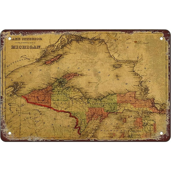 map of Michigan Upper Peninsula and Lake Superior 1873 8x12 Inches Retro Vintage Decor Sign Metal Tin Sign Home Bar Wall Decor