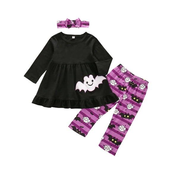 Inevnen Toddler Baby Girls Halloween Outfits Ruffle Bat T-Shirt Tops Leggings Pants Headband Set