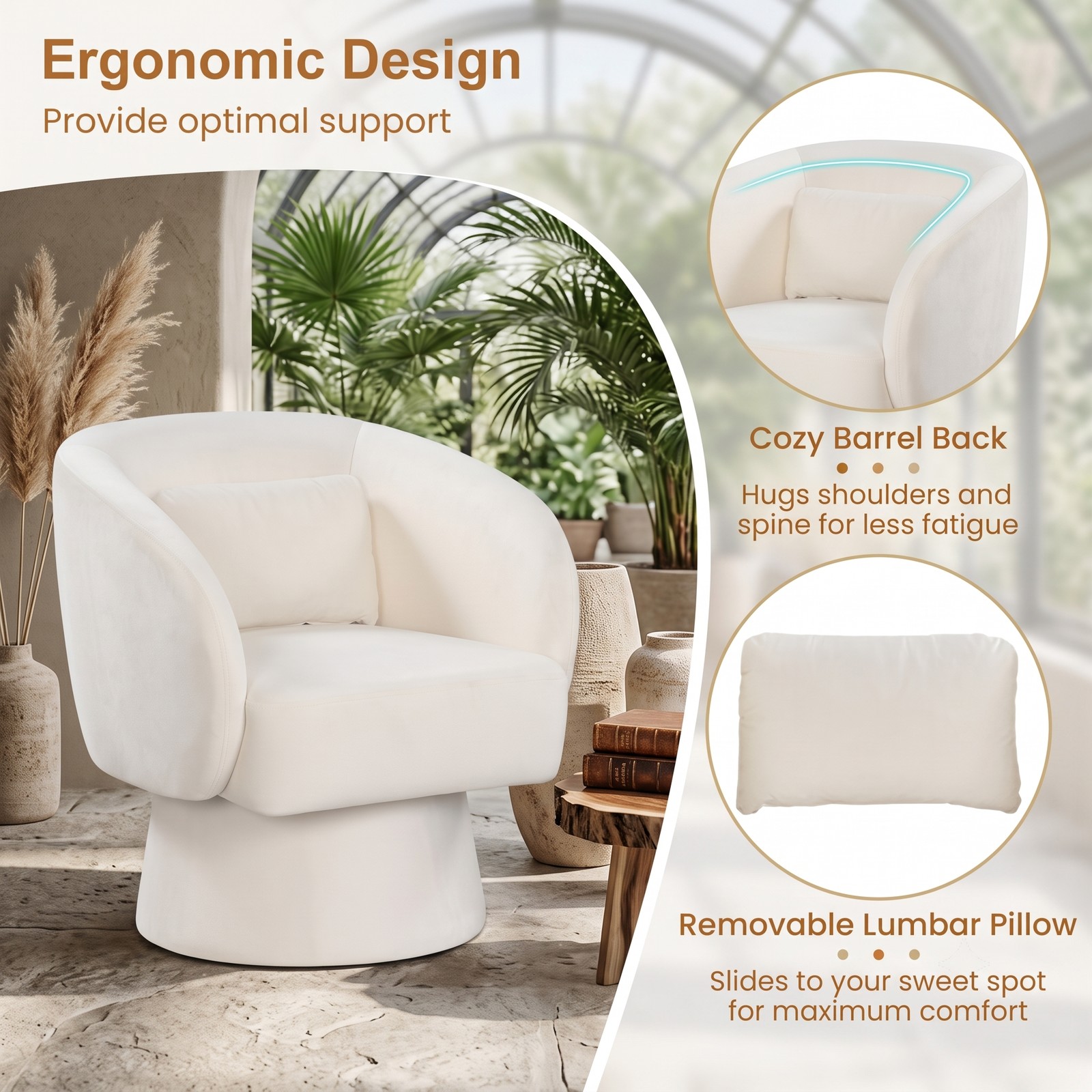 Furnibear Upholstered Barrel Accent Chair, Swivel Curved-Back Chair with Removable Lumbar Pillow and Non-Slip Base for Living Room Bedroom Office, 400 lbs, Beige
