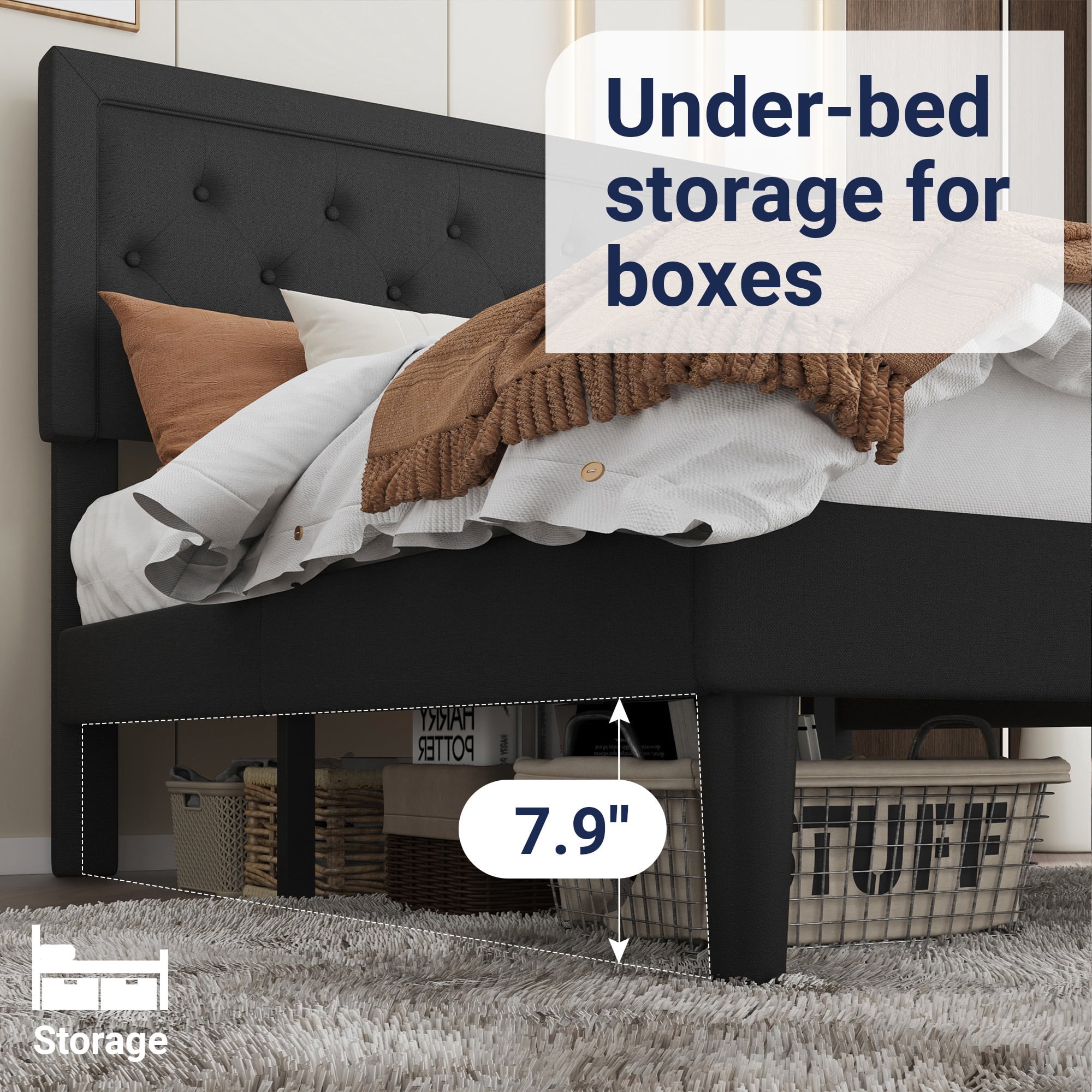 SHA CERLIN Queen Bed Frame with Adjustable Headboard, Fabric Upholstered Platform Bed, No Box Spring Required, Black