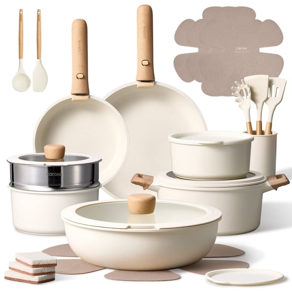 Carote 27-Piece Nonstick Cookware Set, Pots and Pans Set with Detachable Handle, Induction Compatible, Oven & Dishwasher Safe, White