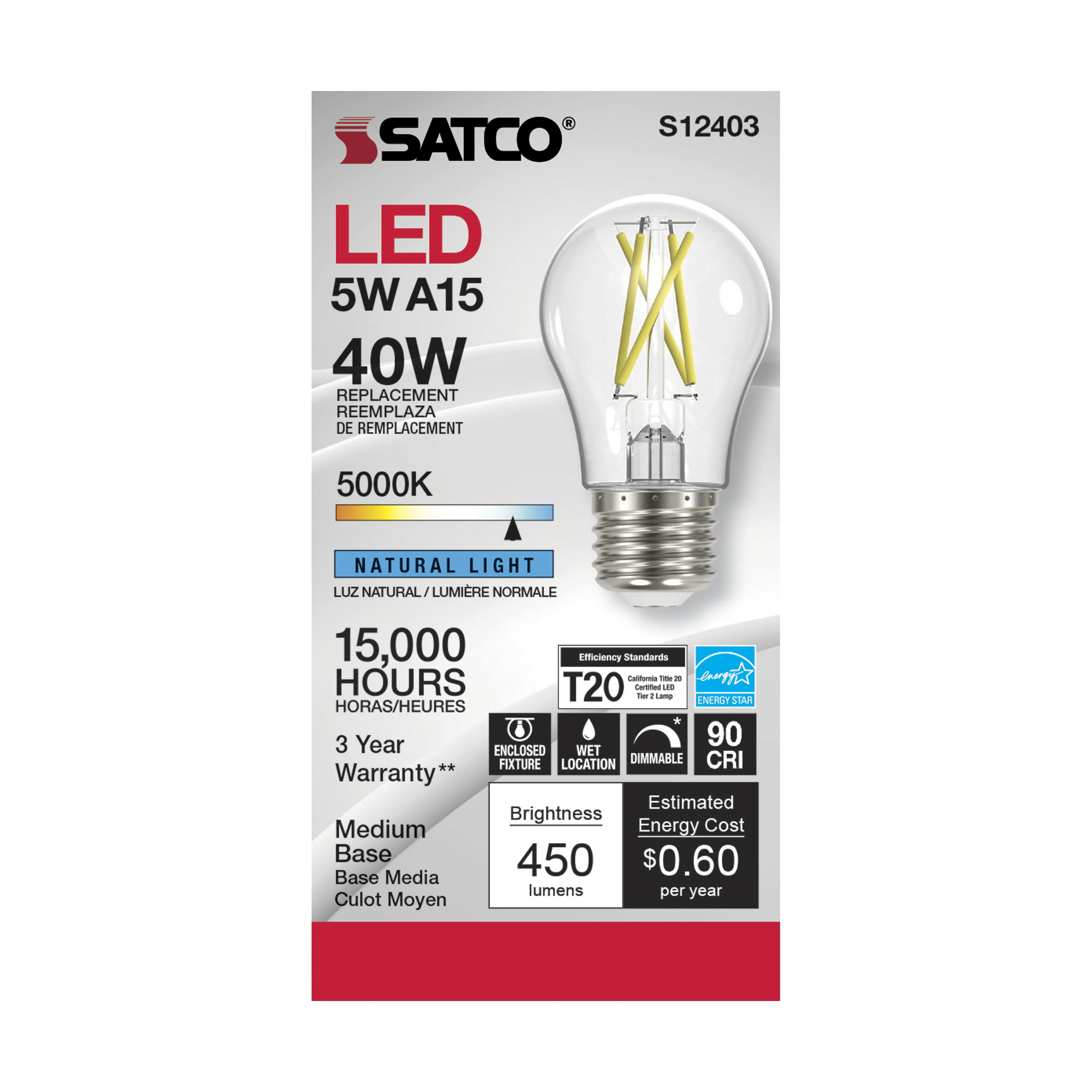 Satco S12403 A15 LED Filament Light Bulbs 5W 120V 5000K 90+ CRI E26 Medium Base Dimmable WET Location (6 Pack)