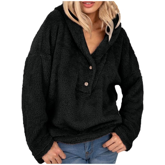 Womens Fleece Hoodies Coats Casual Fall Winter Warm Sweatshirt Thick Shaggy Fuzzy Button Hoodie Solid Henley Outwear