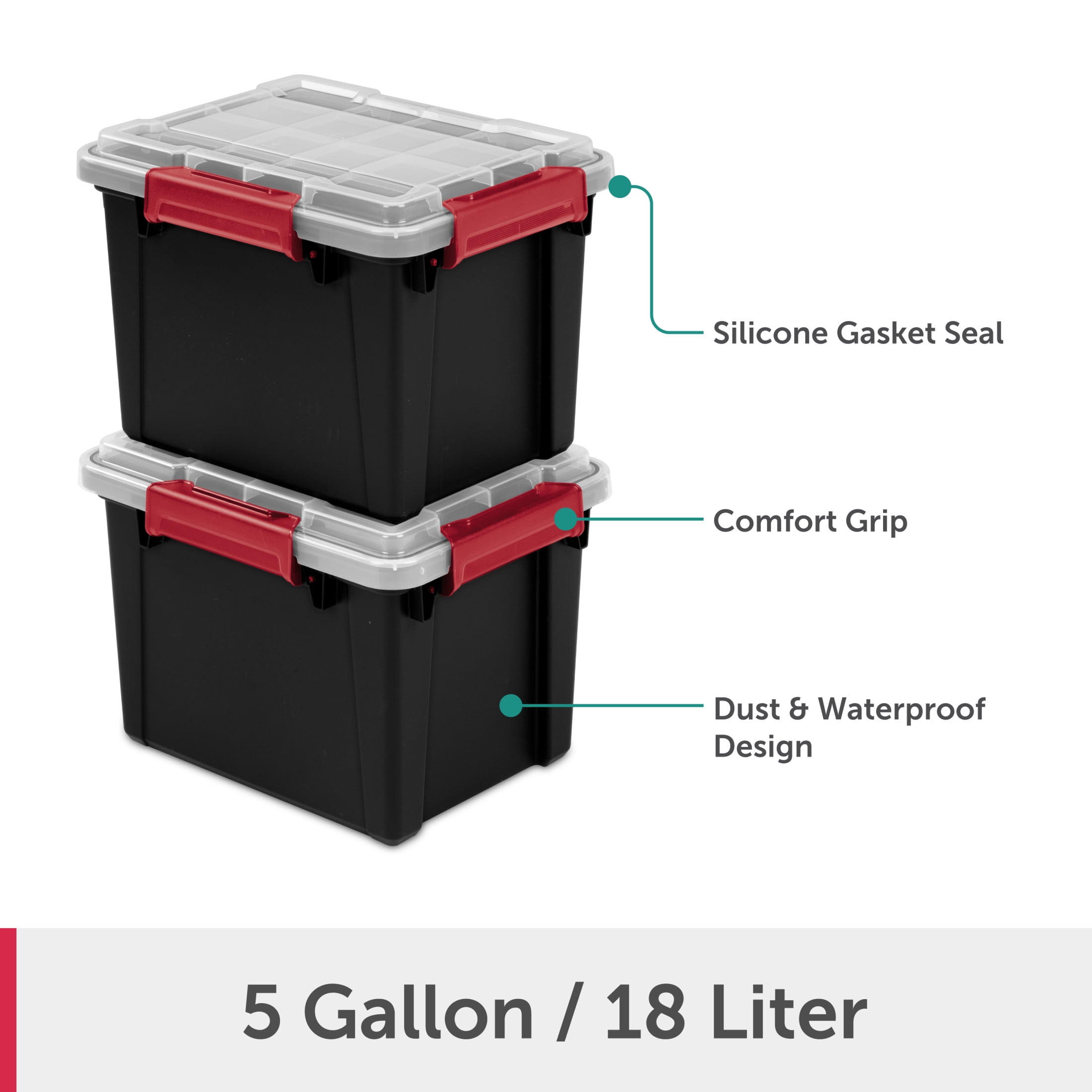 Sterilite Small Gasket Tote, 5 Gallon IP68 WaterProof Plastic Storage Bin with Lid, Gasket Seal and Durable Latches, Black