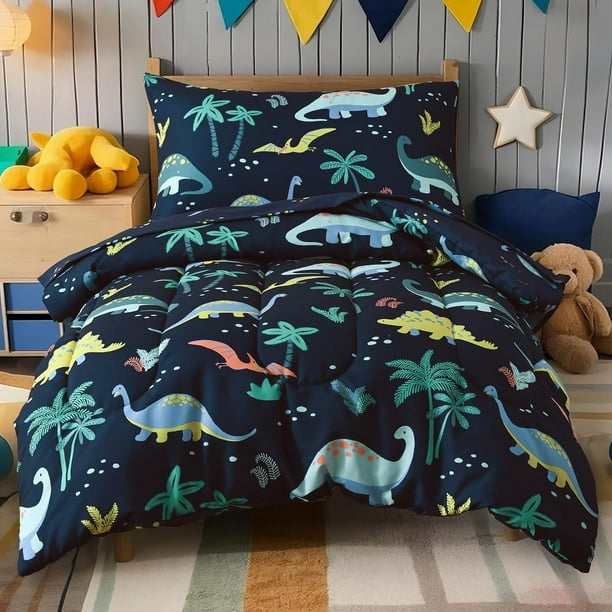 Juego de ropa de cama PHF para niños pequeños, edredón de 4 piezas con forma de dinosaurio