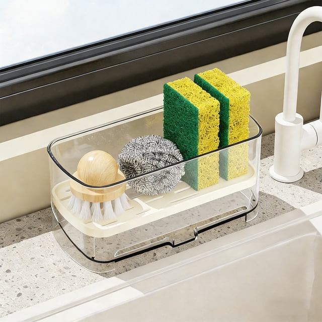 Cagogo Acrylic Kitchen Rack, Multifunctional Sink-Side Storage Rack for Sponge Dishcloth, Countertop Organizer for Kitchen Bathroom, Durable Water Drain Rack for Sink Countertop