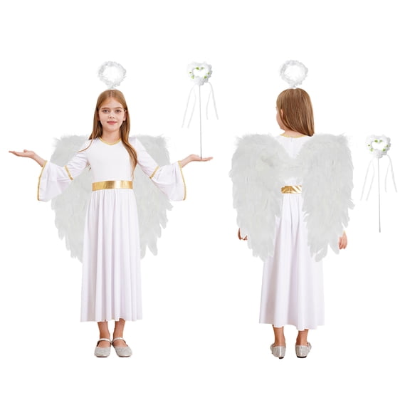 iiniim Girls Halloween Cosplay Angel Dress with Feather Wings Headband Fairy Sticks Set White 16