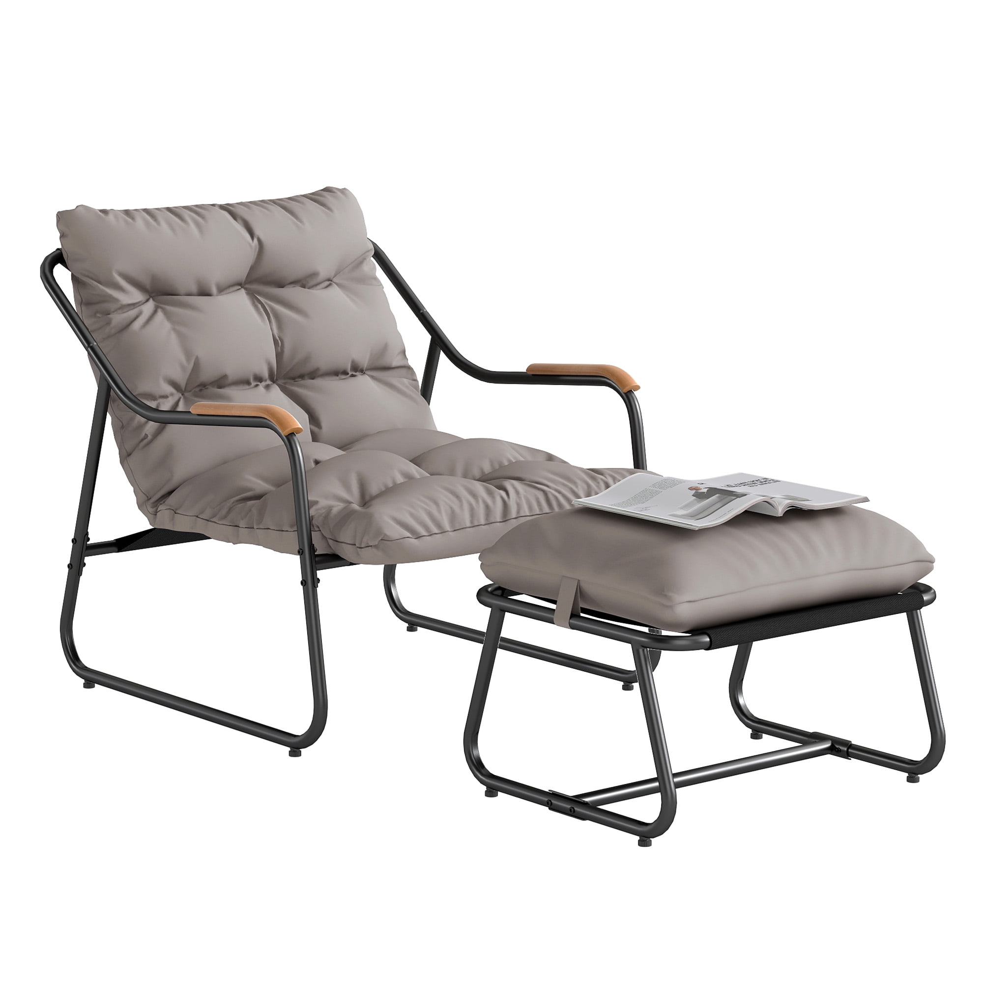 Uforic Patio Outdoor Lounge Chair with Ottoman, Comfy Sling Recliner Set, Textilene Papasan Chair with Puffy Cushion, Dark Gray