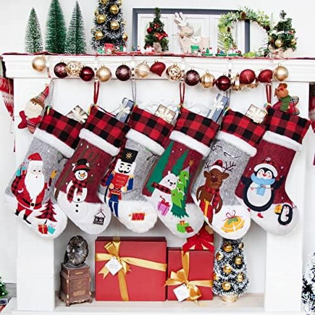 Calcetín navideño decoración para fiesta de Navidad arpillera gris búfalo cuadros rojos piel sintética suave 20 "lindo patrón bordado