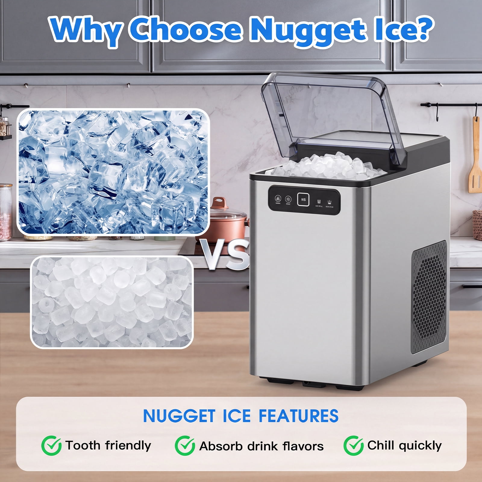 Advwin Nugget Ice Maker Countertop, 40lbs/Day Pellet Ice Machine, Self-Cleaning Portable Ice Maker with Ice Scoop & Basket, Stainless Steel, Ideal for Home, Kitchen, Office
