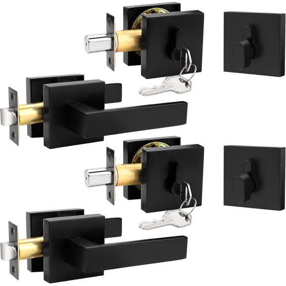 2Pack Matte Black Exterior Door Handle with Single Cylinder Deadbolt,Passage Door Lever and Deadbolt Lock Set for Front Door,Keyed Alike