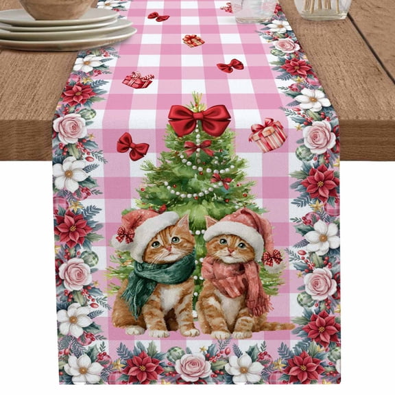 nqOlkjepod Christmas Cats Table Runner 120 Inches Long Farmhouse Dress Scarves, XmasTree Winter Gifts Floral Pink Plaid Dining Tablerunner for Coffee Table/Kitchen Island/Party Décor, 13" x 120"