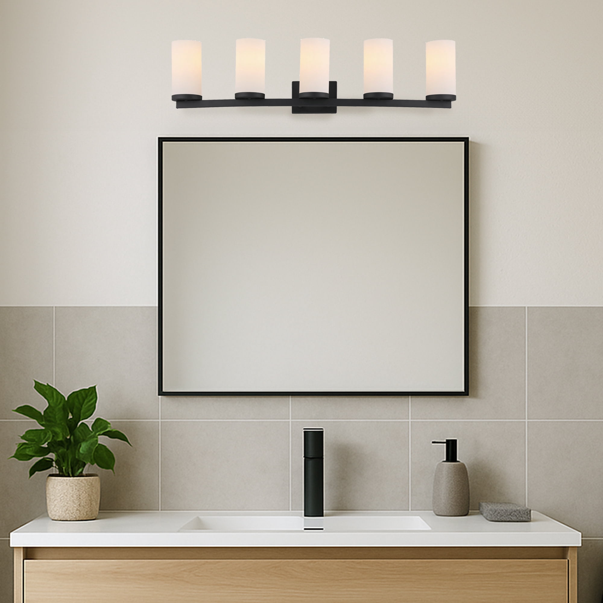 Breckham 5-Light Vanity Light in Black, 38.0 in Curved Bar with Frosted Glass