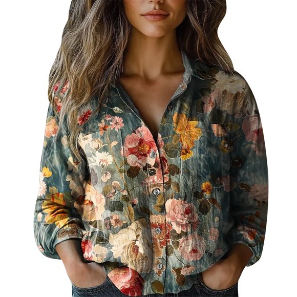 Breezora Breathable Cotton Women's Long Sleeve Blouse with Floral Print Button Down Design for a Casual Chic Look S Size Green