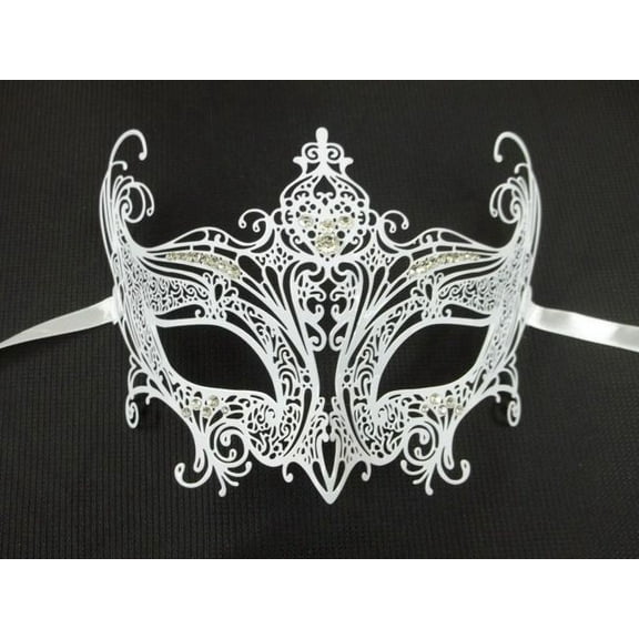 Regal White Crystal Wedding Laser Cut Venetian Mask Masquerade Metal Filigree