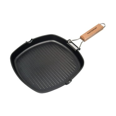 MasterPan Non-Stick Grill Pan with Folding Wooden Handle, 11", Black