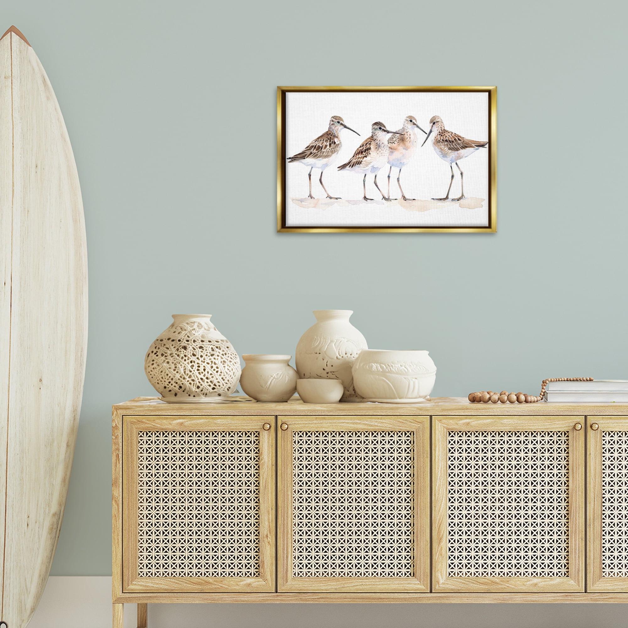 Stupell Industries Sand Pipers Gathered Animals Painting Gold Floater Framed Canvas Art Print Wall Art, 25 x 17